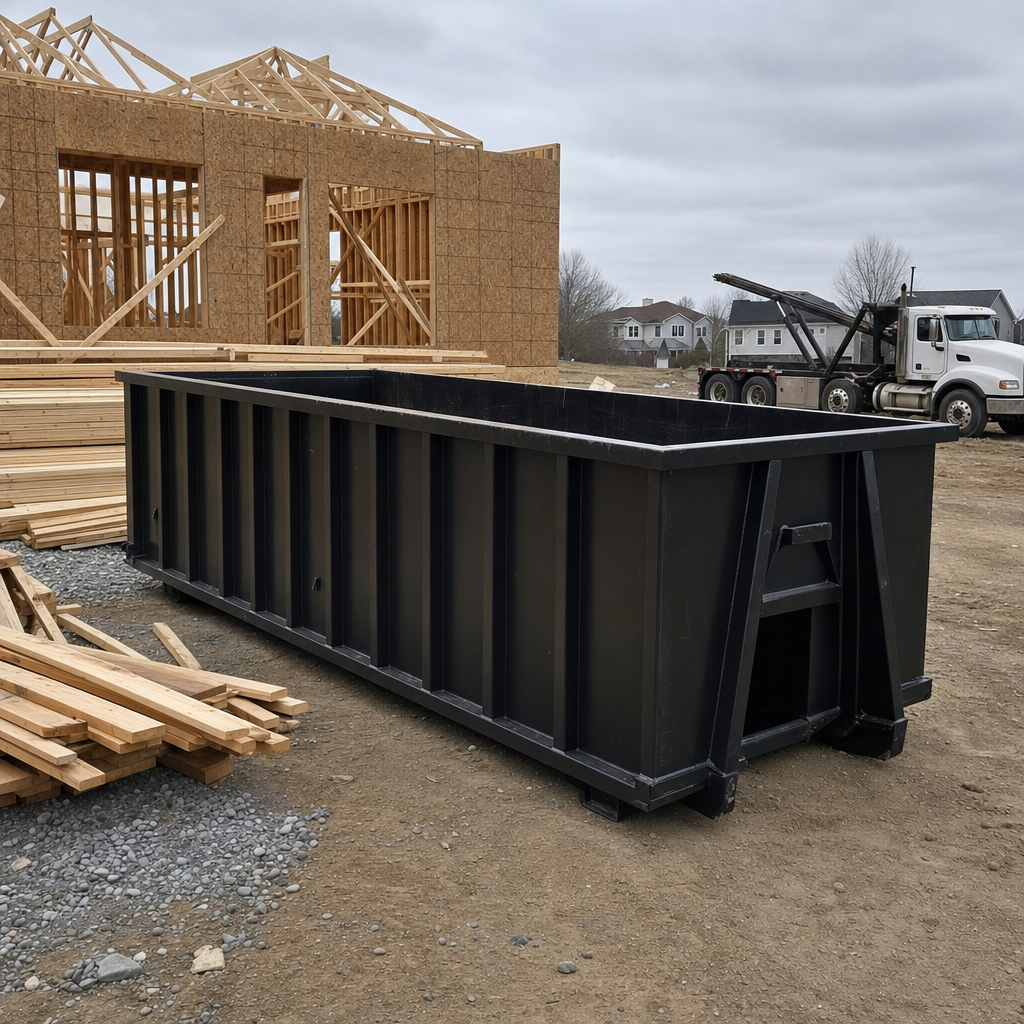 Matte-black 40-yard roll-off dumpster staged on a framed-out residential construction site in Oceanside, framing lumber stacked nearby, hooklift delivery truck visible in the background under bright Colorado daylight