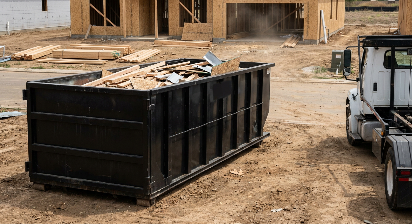 Matte-black 20-yard roll-off construction dumpster with heavy ribbed steel sidewalls and swing rear doors at a working jobsite in Oceanside, sitting directly on compacted dirt with an unmarked white hauler partially visible at the far edge of the frame.