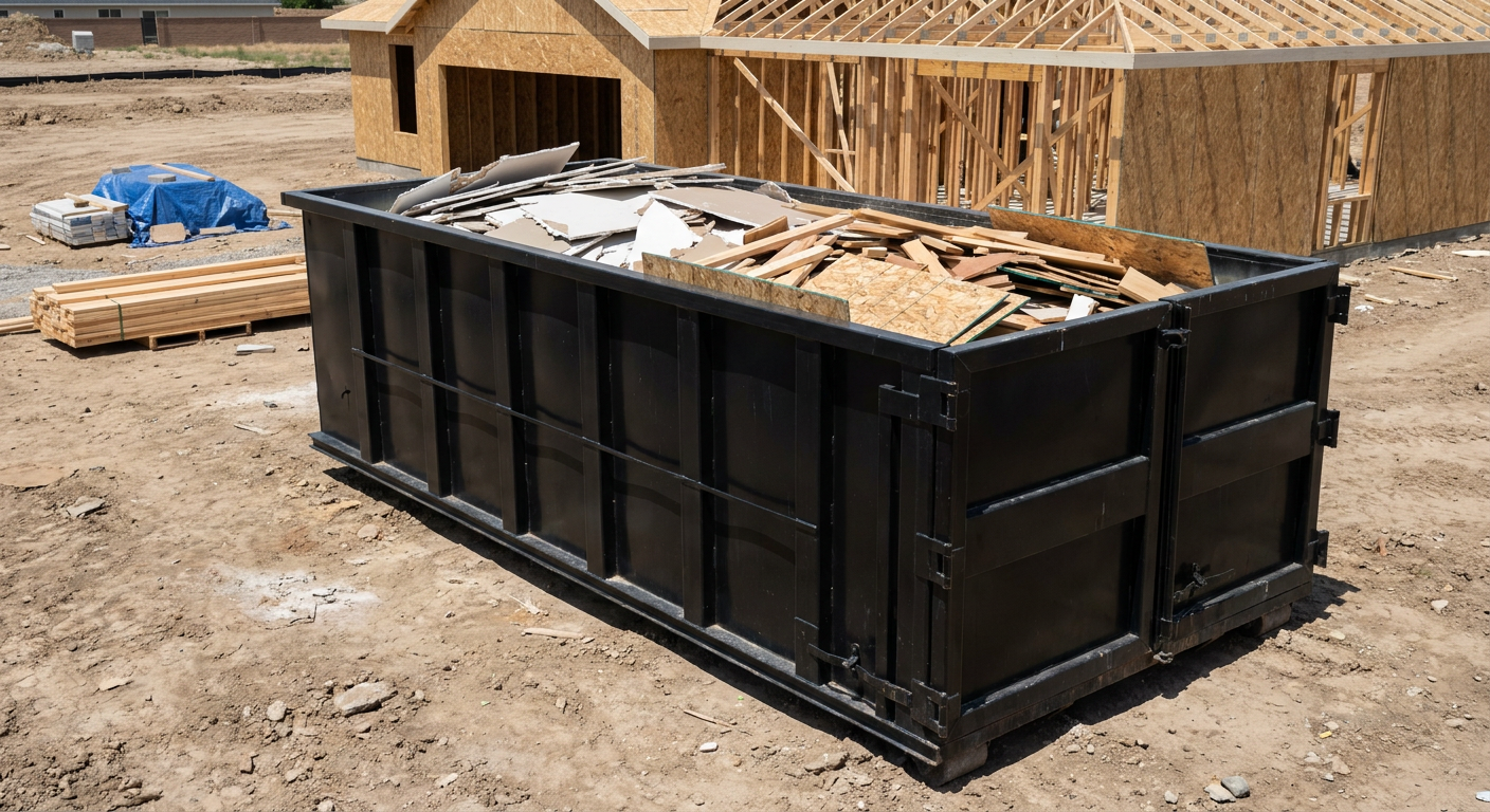 Matte-black 30-yard roll-off construction dumpster sitting directly on the compacted-dirt site of a framed single-family home build in Oceanside, drywall and lumber scrap loaded inside.