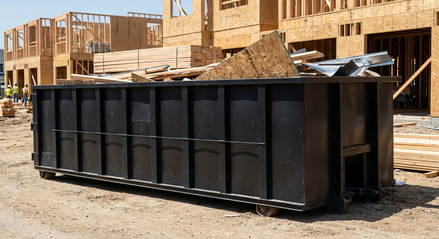 Matte-black 40-yard roll-off construction dumpster being lowered from a white-cab hooklift delivery truck onto the compacted-dirt jobsite at a commercial build site in Oceanside