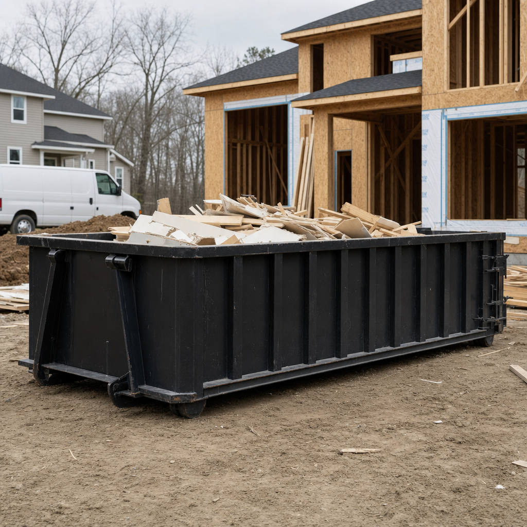 Worker in a yellow high-visibility vest tossing framing lumber and broken drywall into a matte-black 30-yard construction roll-off dumpster on an active build site in Oceanside, bright daylight