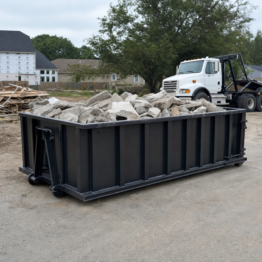 Low-profile matte-black lowboy roll-off dumpster loaded with broken concrete slab and rebar at a foundation tear-out in Oceanside, skid steer parked beside it, sunny Colorado morning
