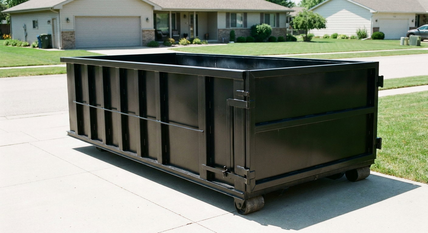 Matte-black 10-yard roll-off dumpster on a residential concrete driveway in Oceanside, uniformly painted matte black across every panel and rail, ribbed steel sidewalls and rear swing door visible, mid-day daylight.