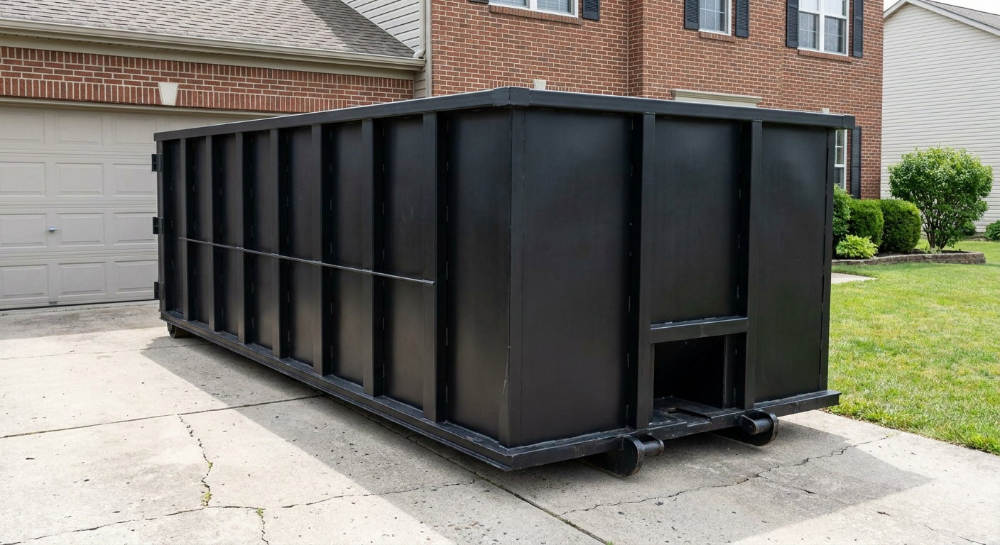Matte-black 20-yard roll-off container on a Oceanside residential concrete driveway with reinforced ribbed steel sidewalls and a hinged rear walk-in door, clean bright daylight.