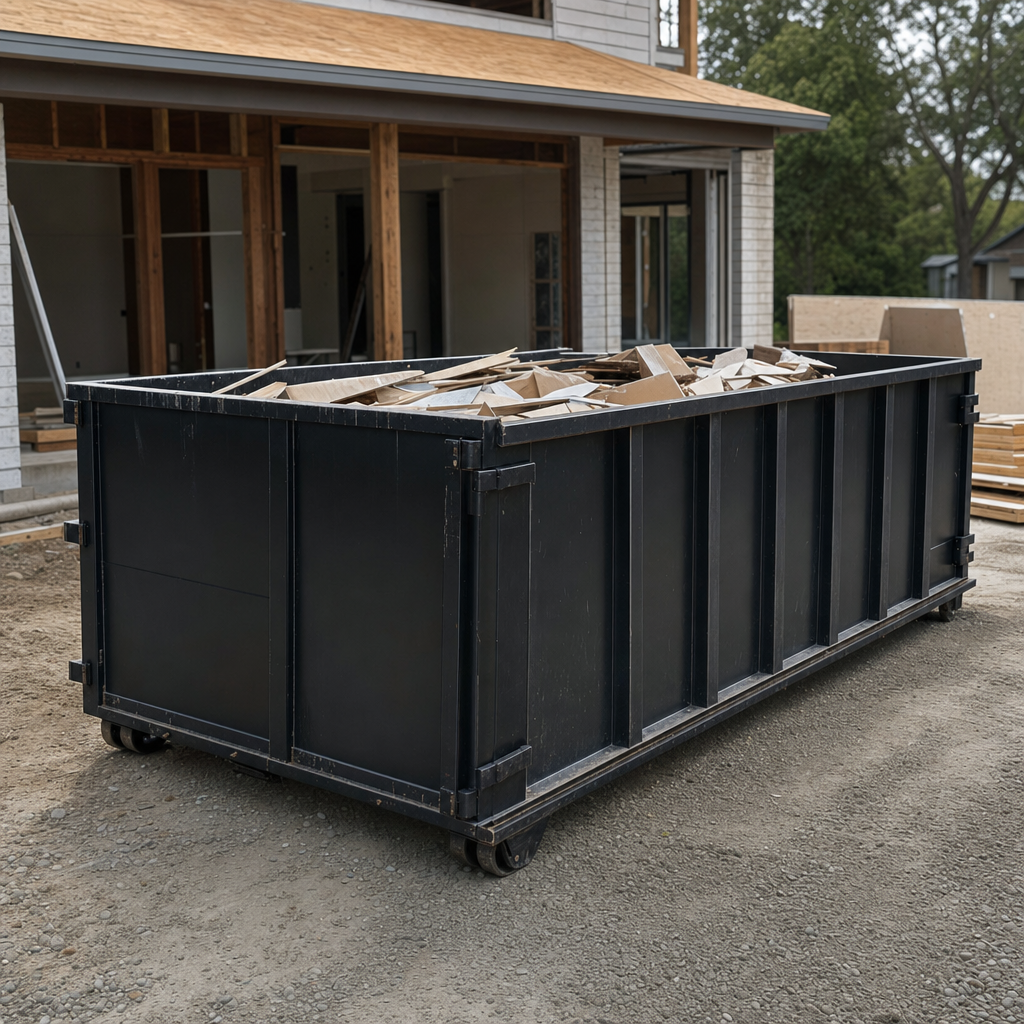 Large matte-black 30-yard construction roll-off dumpster at an active Oceanside jobsite, steel-gray top rails and bottom rollers visible, loaded with construction debris.