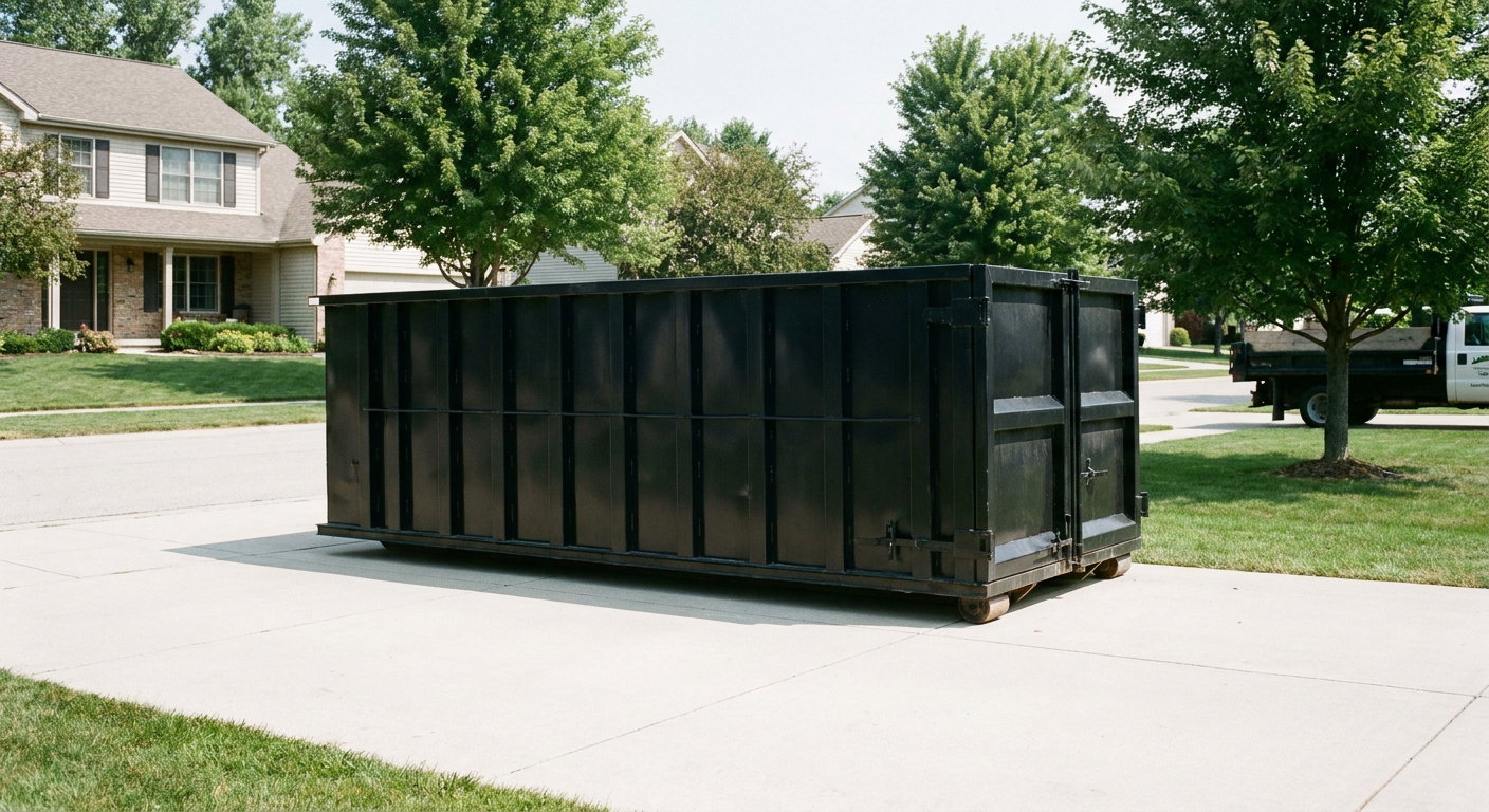 Matte-black 20-yard roll-off dumpster sitting level on a clean Oceanside residential concrete driveway under bright daylight, demonstrating clean placement directly on the concrete.