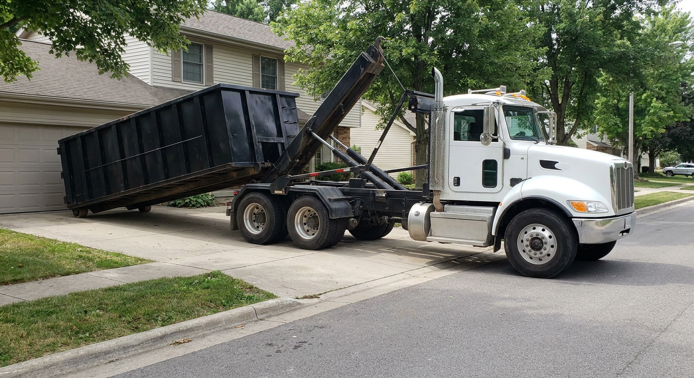 White-cab hooklift roll-off truck actively lowering a matte-black dumpster onto a Oceanside residential concrete driveway, the dumpster's rear wheels touching the driveway as the hoist arm tilts the bed forward, mid-morning daylight.