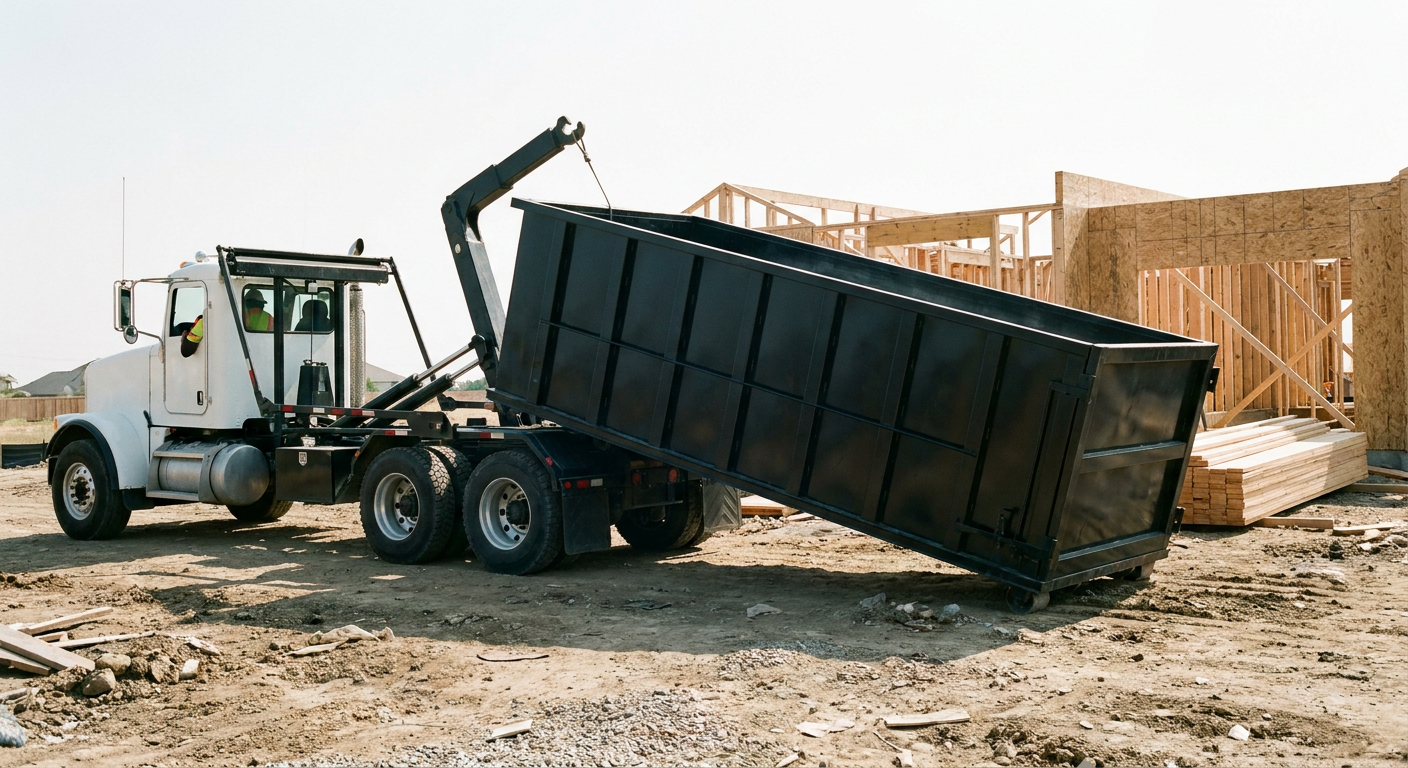 Matte-black roll-off dumpster being delivered onto a clean residential concrete driveway in Oceanside by an unmarked white hooklift hauler truck, bright morning daylight, documentary 35mm perspective.