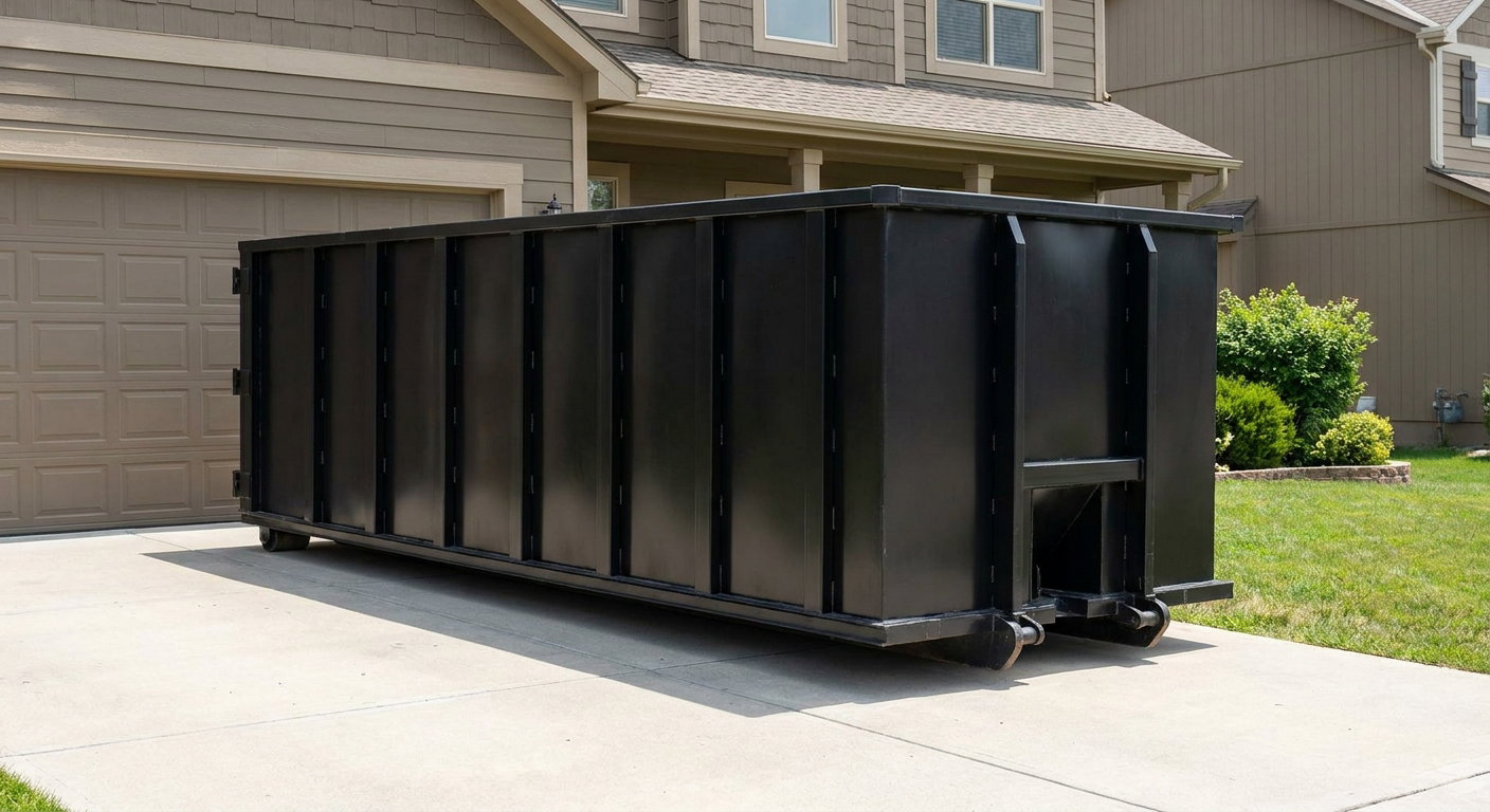 Matte-black residential roll-off dumpster sitting directly on a suburban Oceanside concrete driveway, garage door closed, single-family home in background, bright morning daylight.