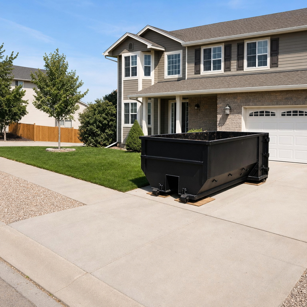 10-yard matte-black residential dumpster placed directly on a narrow Oceanside concrete driveway, room remains for a parked sedan beside it, mid-morning natural light