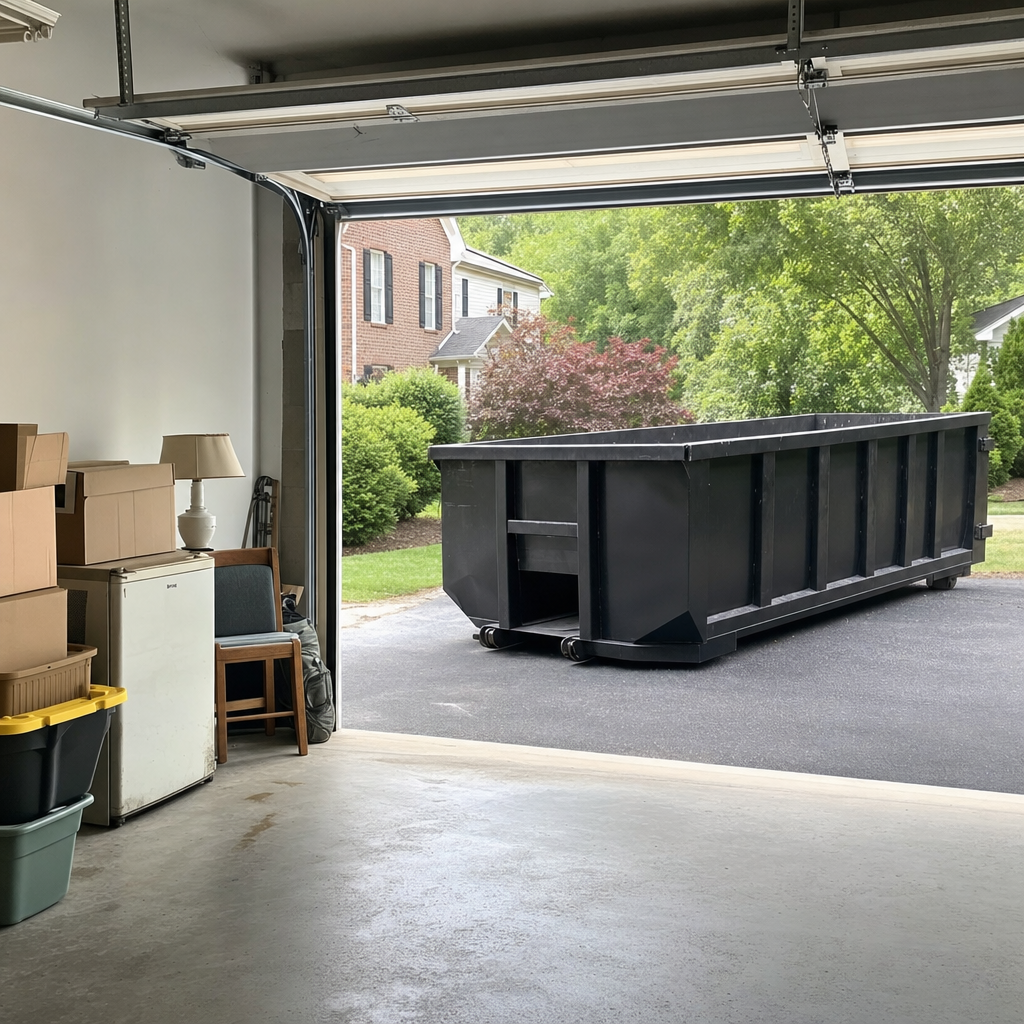 Open garage interior in a Oceanside home mid-cleanout — boxed items, an old appliance, and stacked yard tools queued near the driveway for a matte-black roll-off dumpster, organized and calm
