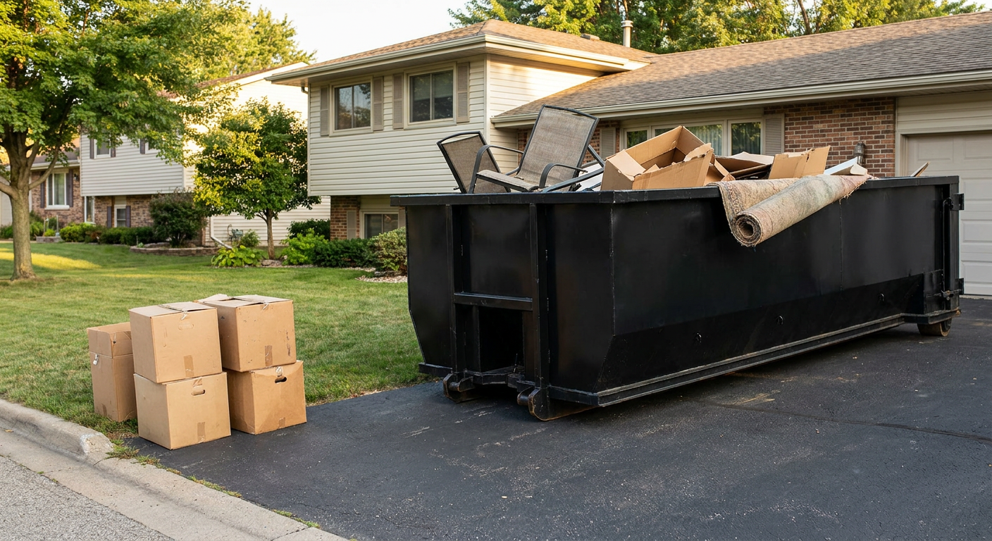 Front-yard view of a Oceanside split-level home with a 20-yard matte-black roll-off dumpster sitting directly on the asphalt driveway, a few clearly labeled donation boxes staged at the curb, calm sunny afternoon.