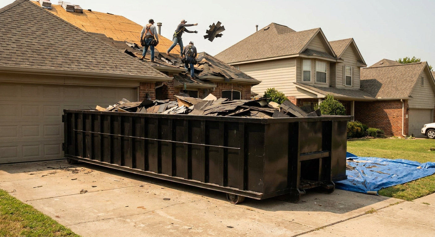 Matte-black roofing roll-off dumpster placed directly on a Oceanside residential concrete driveway, a tear-off crew on a two-story asphalt-shingle roof tossing shingle bundles into the low-walled container, bright daylight, documentary 35mm perspective.