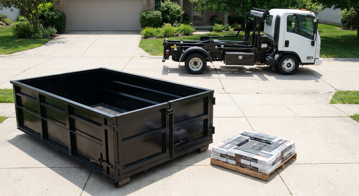 Matte-black 15-yard roofing roll-off dumpster with reinforced low side walls sitting directly on a Oceanside residential concrete driveway, three-tab asphalt shingle bundles stacked nearby, an unmarked white hauler truck partially visible at the edge of the frame.