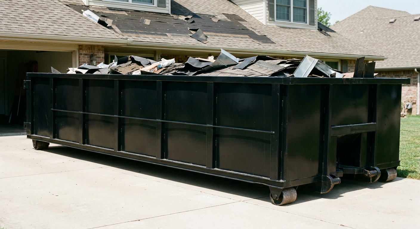 Matte-black 20-yard roofing roll-off dumpster with steel ribbed sides and swinging rear door, sitting directly on the concrete driveway of a two-story Oceanside home, asphalt shingle debris being loaded over the low wall, clean documentary lighting.
