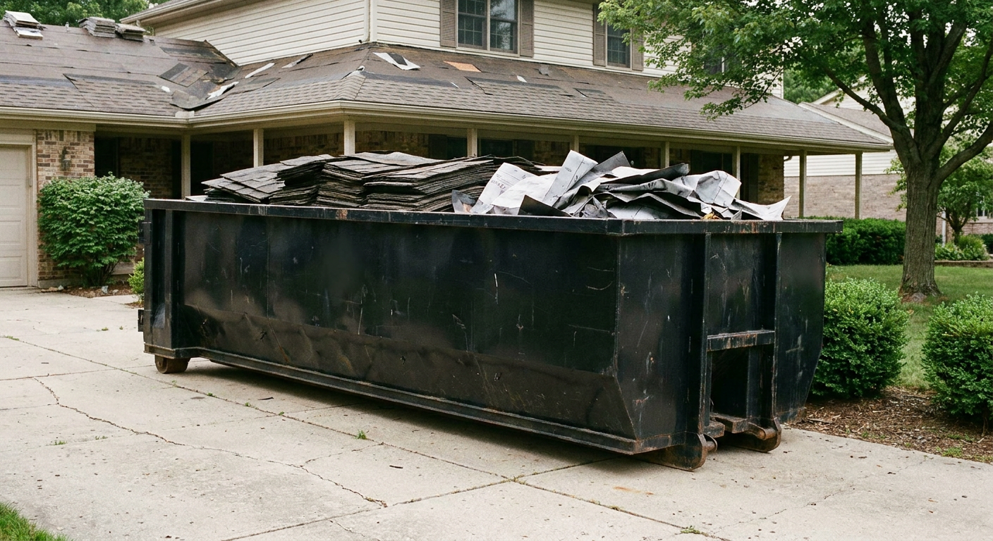 Matte-black 30-yard roofing roll-off dumpster sitting directly on a Oceanside concrete driveway, taller ribbed steel side panels, mixed tear-off debris of asphalt shingles and underlayment inside, professional documentary daylight.