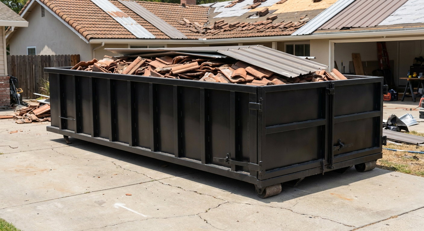 Matte-black low-wall heavy-debris roofing roll-off dumpster sitting directly on a Oceanside concrete driveway, broken concrete clay roof tiles and metal panel sections loaded inside, reinforced ribbed steel side walls visible, bright outdoor daylight.