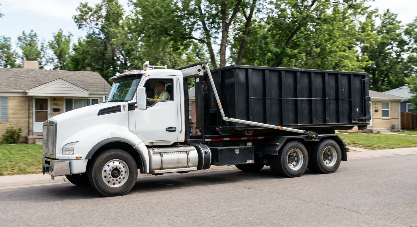 A wide documentary shot of a matte-black roll-off delivery truck pulling onto a quiet Oceanside residential street at mid-morning, with neighborhood rooftops and tree-lined blocks visible behind, showing the metro coverage footprint.