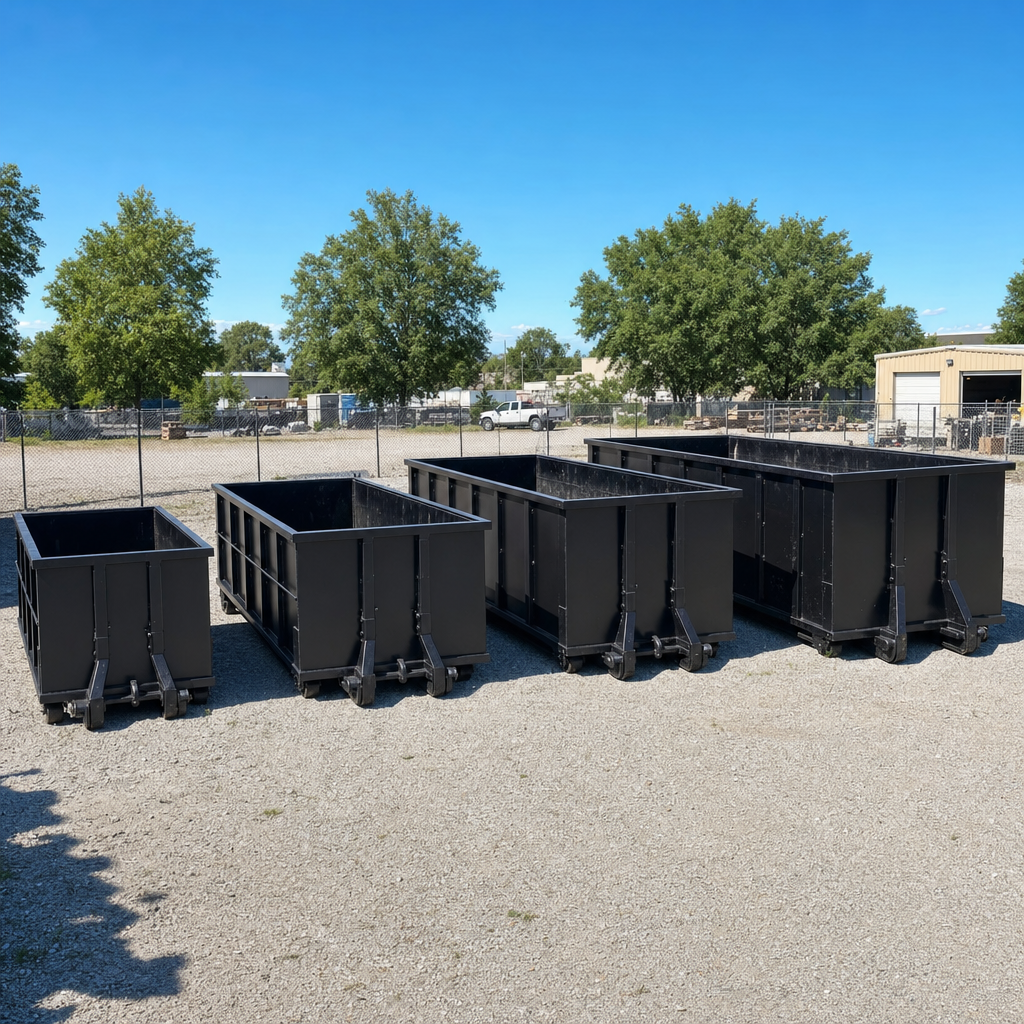 A clean lineup of matte-black roll-off dumpsters in 10, 20, 30, and 40-yard sizes staged on a sunlit gravel yard in Oceanside, showing the size progression from compact to commercial-scale containers.