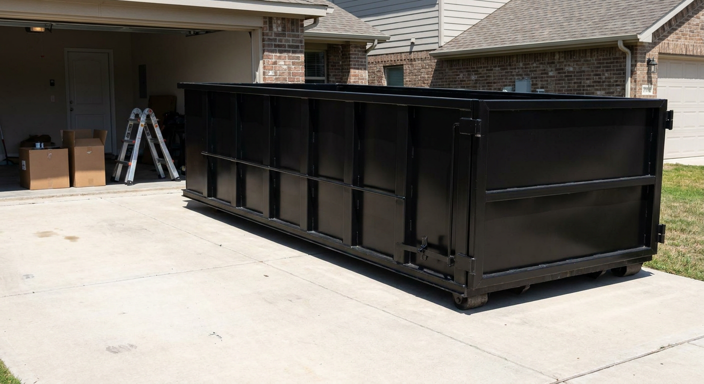 A matte-black 10-yard roll-off dumpster sitting directly on a residential Oceanside concrete driveway, mid-day sunlight, clean and ready for a garage cleanout.