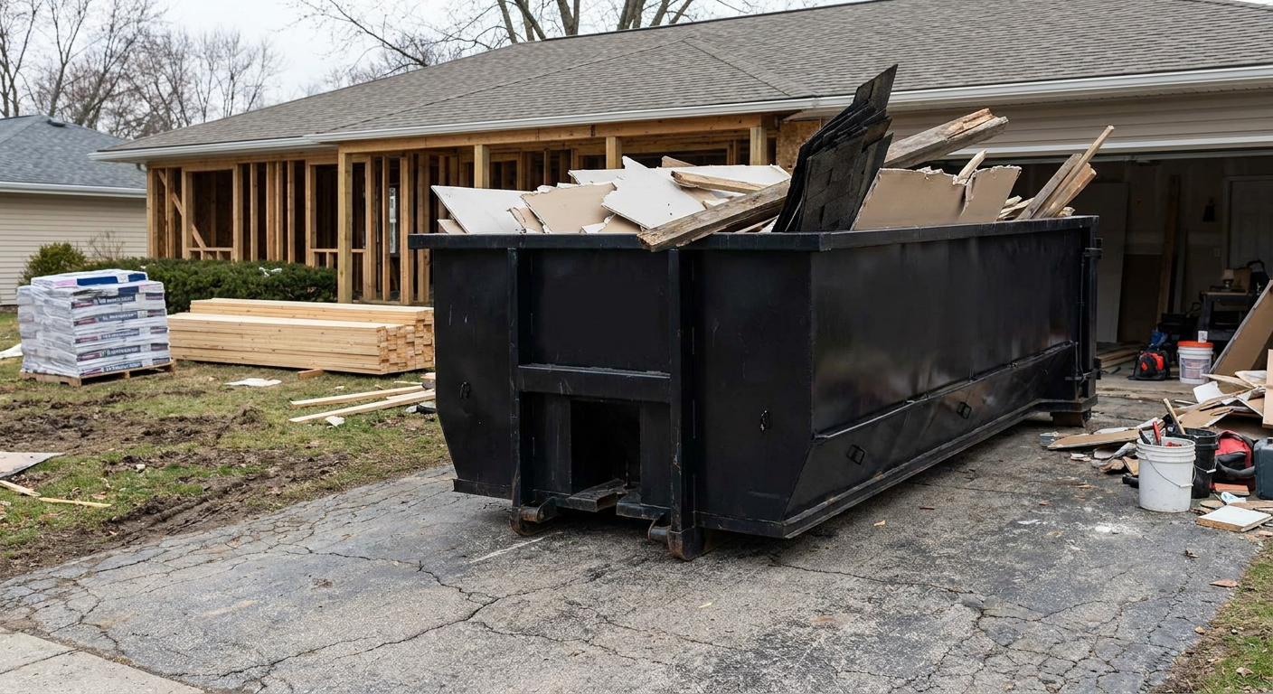 A matte-black 20-yard roll-off dumpster placed alongside a mid-renovation Oceanside home directly on the asphalt driveway, with framing materials and torn-off shingles staged neatly nearby.