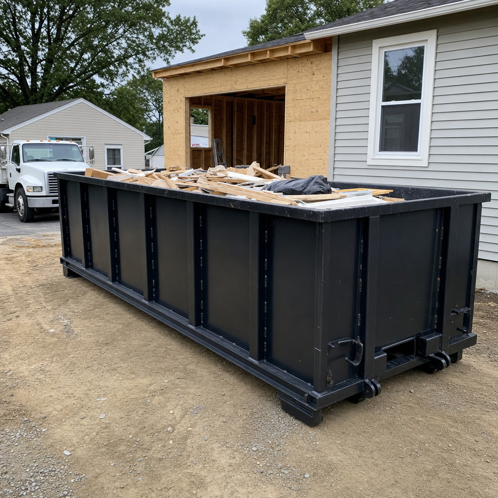 A matte-black 30-yard roll-off dumpster positioned at a Oceanside residential addition jobsite, with framing lumber and drywall scraps loaded through the open swinging rear doors.