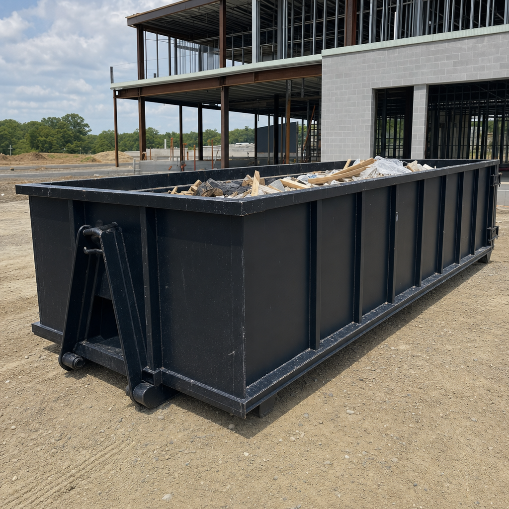 A matte-black 40-yard roll-off dumpster staged on a large Oceanside commercial construction lot, with a hooklift delivery truck parked alongside under bright midday sky.