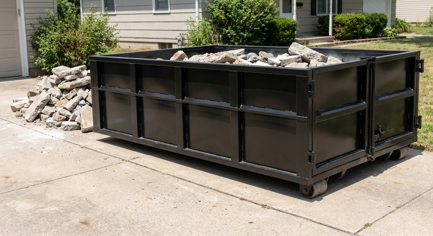 A matte-black low-side heavy-debris roll-off dumpster placed directly on a Oceanside concrete driveway, with broken concrete chunks neatly stacked beside it under clean daylight.